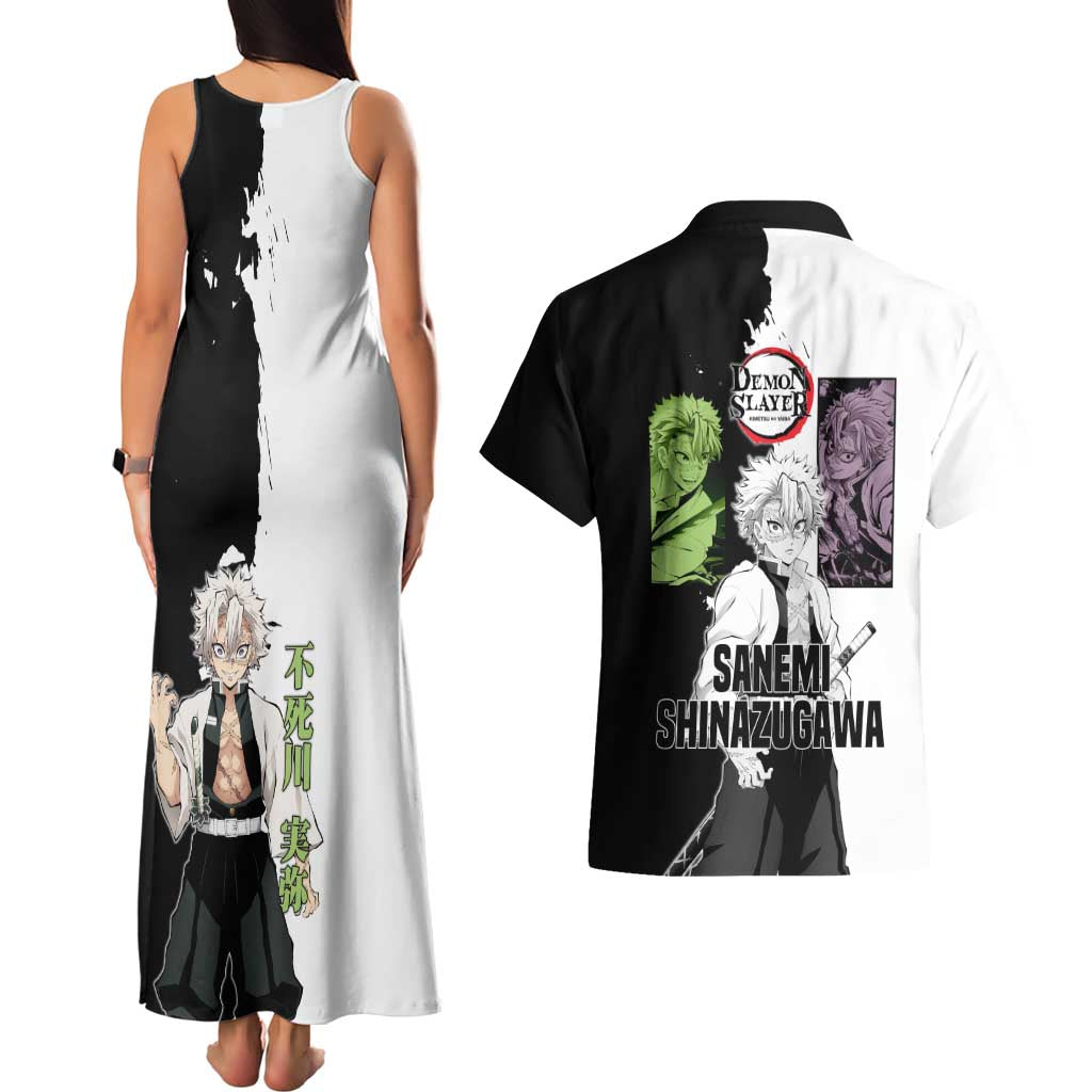 Sanemi Shinazugawa from Demon Slayer Couples Matching Tank Maxi Dress and Hawaiian Shirt with Black and White Split Background and Intense Battle-Ready Manga Style Design - The Mazicc