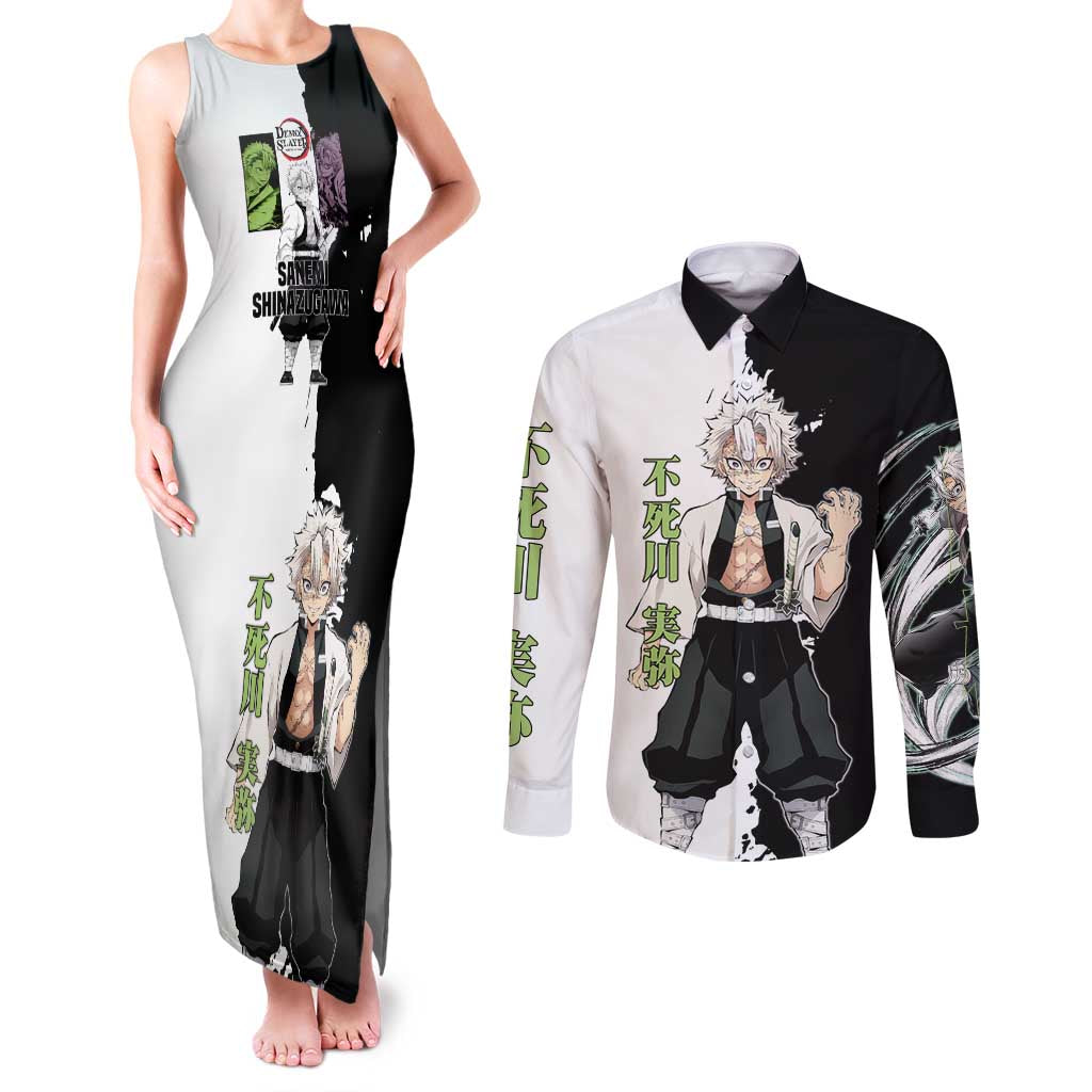 Sanemi Shinazugawa from Demon Slayer Couples Matching Tank Maxi Dress and Long Sleeve Button Shirt with Black and White Split Background and Intense Battle-Ready Manga Style Design - The Mazicc
