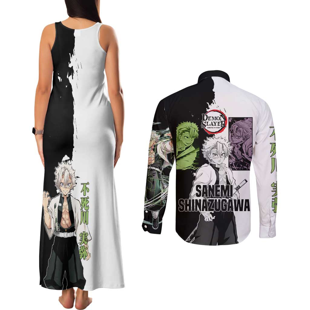 Sanemi Shinazugawa from Demon Slayer Couples Matching Tank Maxi Dress and Long Sleeve Button Shirt with Black and White Split Background and Intense Battle-Ready Manga Style Design - The Mazicc