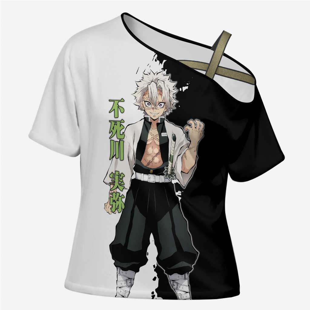 Sanemi Shinazugawa from Demon Slayer Cross Shoulder Shirt with Black and White Split Background and Intense Battle-Ready Manga Style Design - The Mazicc