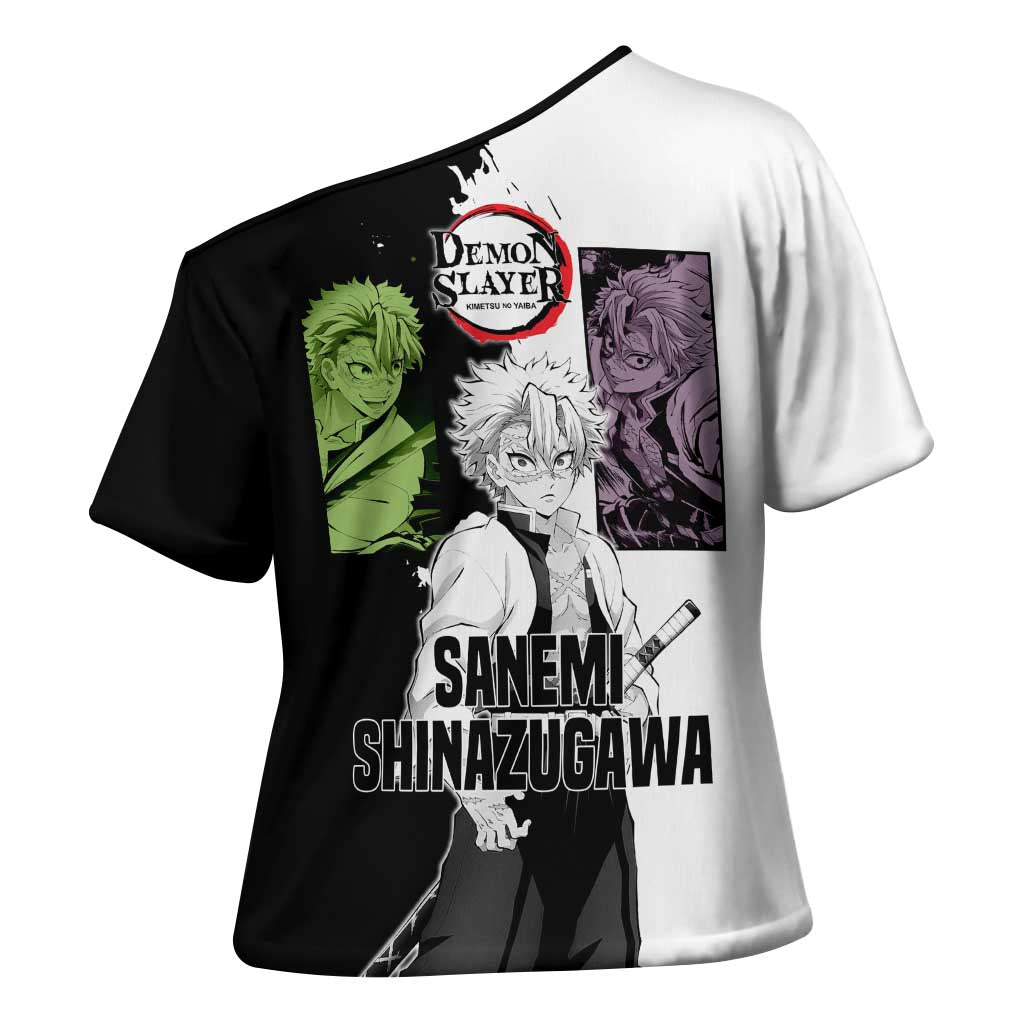 Sanemi Shinazugawa from Demon Slayer Cross Shoulder Shirt with Black and White Split Background and Intense Battle-Ready Manga Style Design - The Mazicc