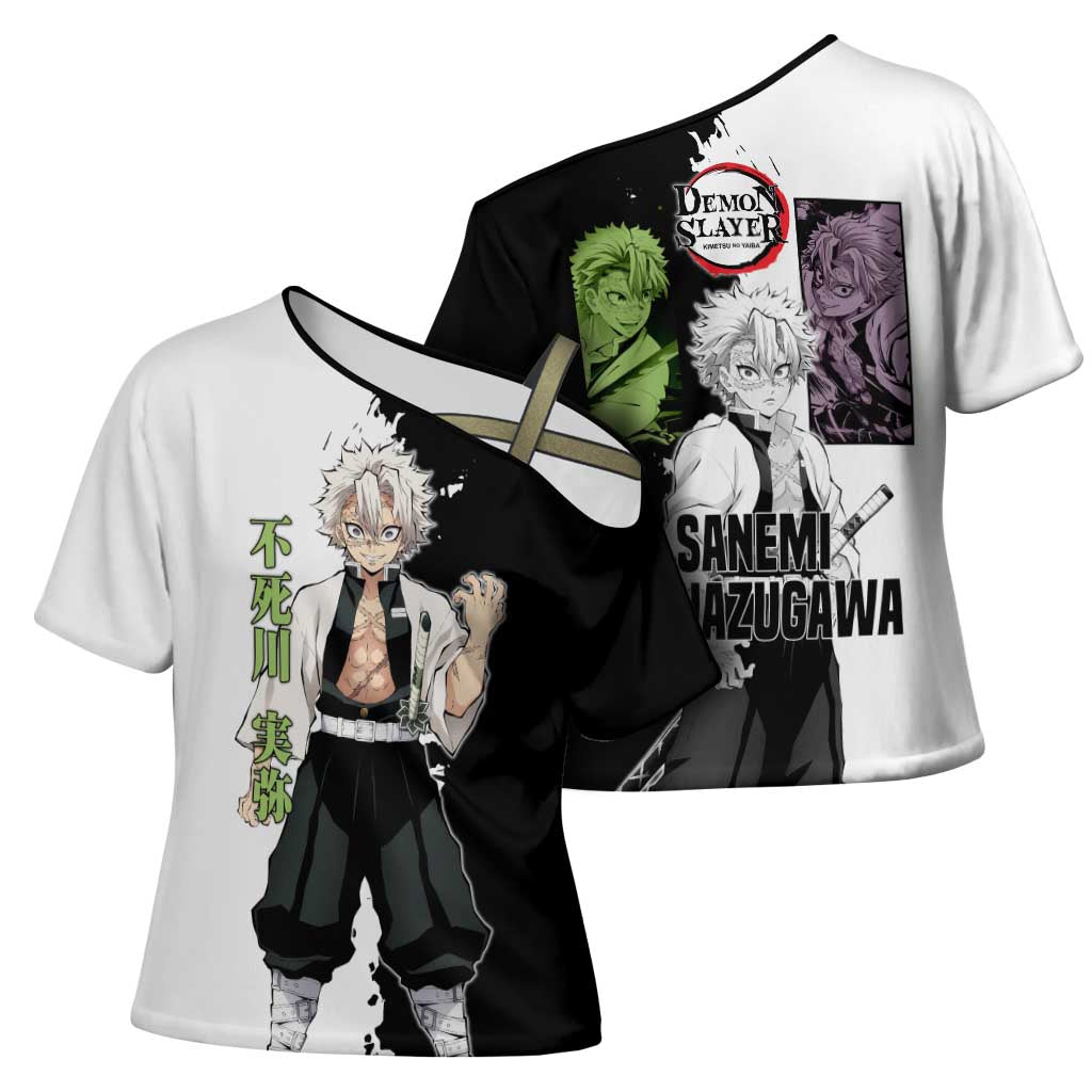 Sanemi Shinazugawa from Demon Slayer Cross Shoulder Shirt with Black and White Split Background and Intense Battle-Ready Manga Style Design - The Mazicc