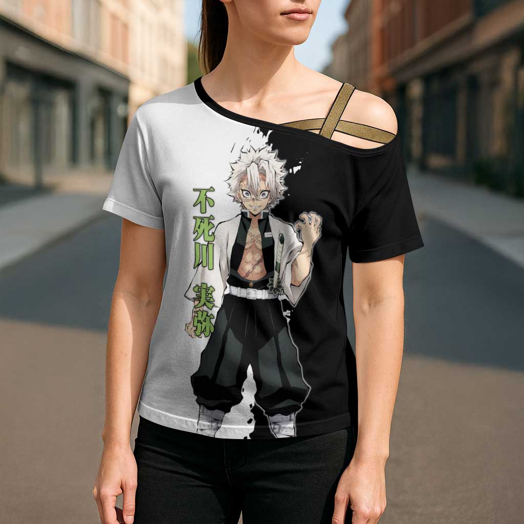 Sanemi Shinazugawa from Demon Slayer Cross Shoulder Shirt with Black and White Split Background and Intense Battle-Ready Manga Style Design - The Mazicc