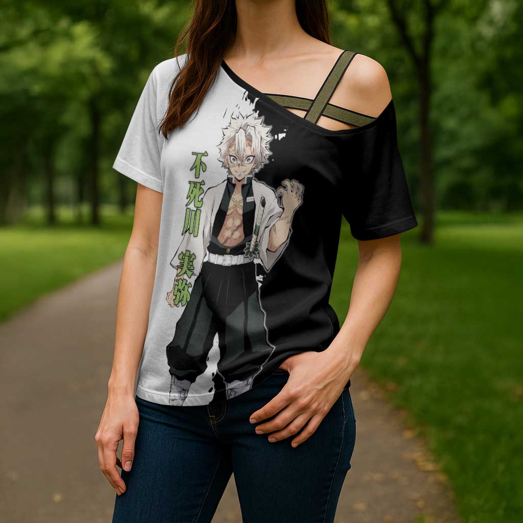 Sanemi Shinazugawa from Demon Slayer Cross Shoulder Shirt with Black and White Split Background and Intense Battle-Ready Manga Style Design - The Mazicc
