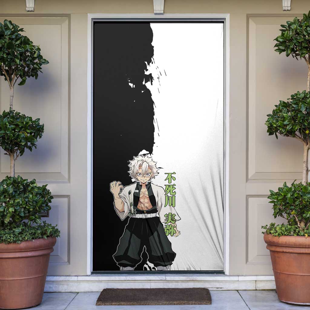 Sanemi Shinazugawa from Demon Slayer Door Cover with Black and White Split Background and Intense Battle-Ready Manga Style Design - The Mazicc