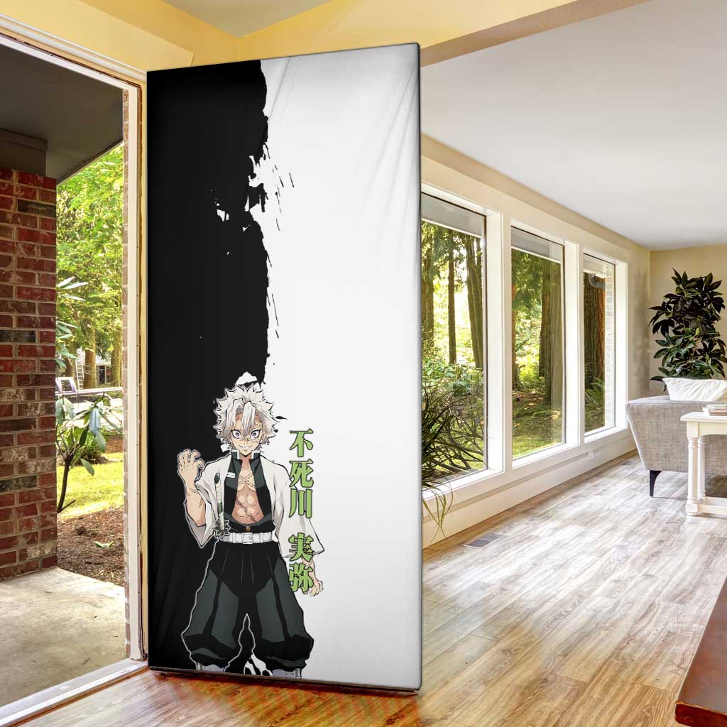 Sanemi Shinazugawa from Demon Slayer Door Cover with Black and White Split Background and Intense Battle-Ready Manga Style Design - The Mazicc