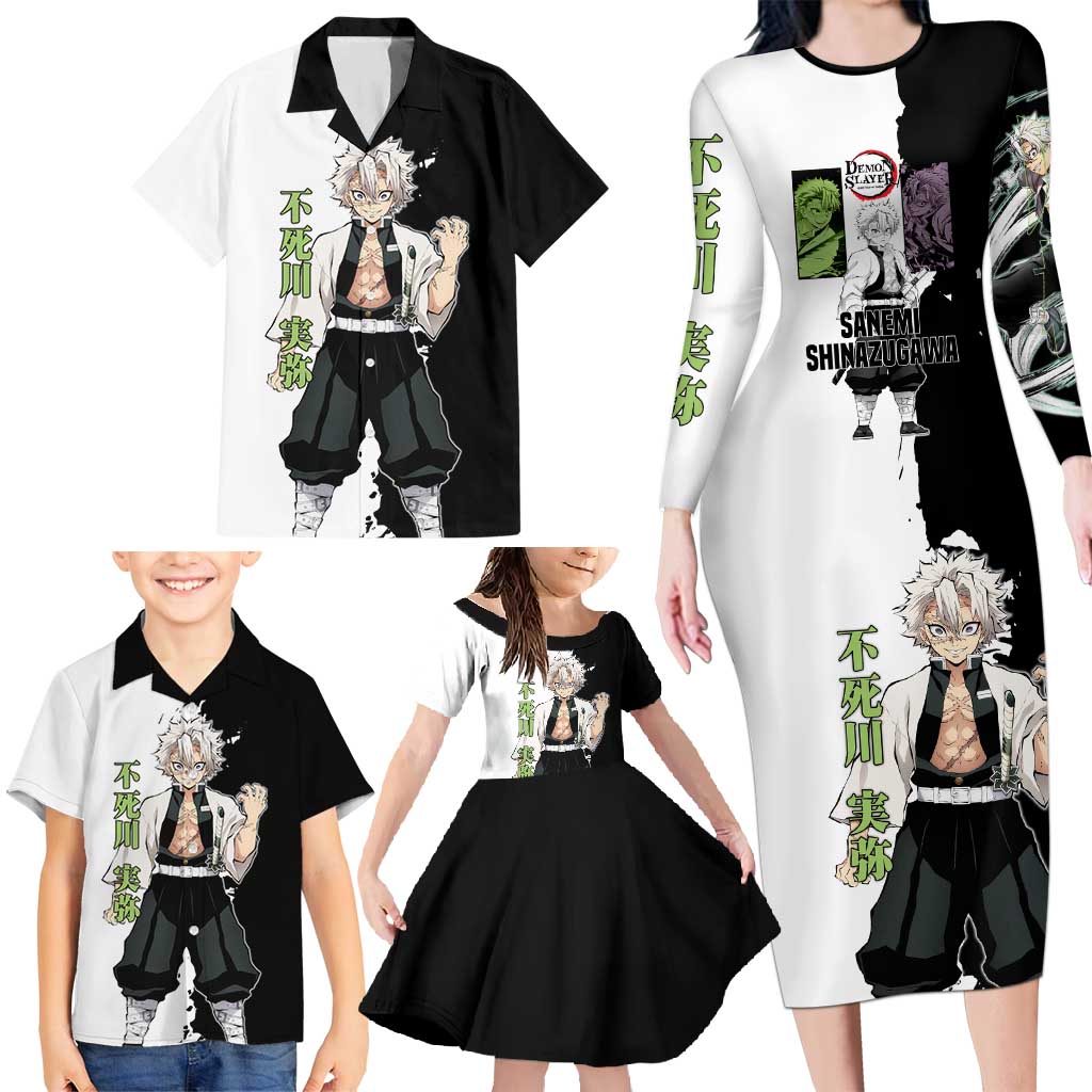Sanemi Shinazugawa from Demon Slayer Family Matching Long Sleeve Bodycon Dress and Hawaiian Shirt with Black and White Split Background and Intense Battle-Ready Manga Style Design - The Mazicc