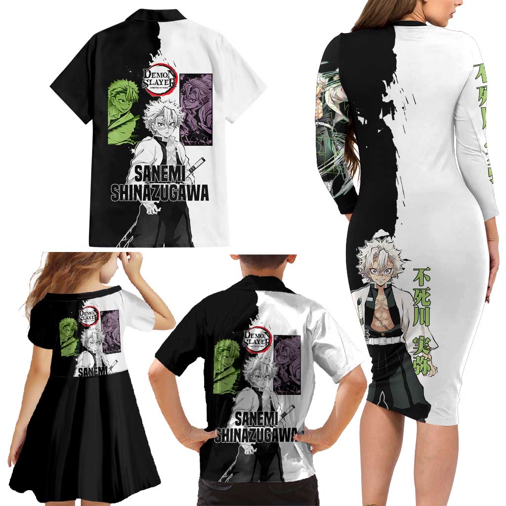 Sanemi Shinazugawa from Demon Slayer Family Matching Long Sleeve Bodycon Dress and Hawaiian Shirt with Black and White Split Background and Intense Battle-Ready Manga Style Design - The Mazicc
