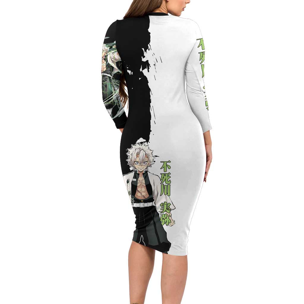 Sanemi Shinazugawa from Demon Slayer Family Matching Long Sleeve Bodycon Dress and Hawaiian Shirt with Black and White Split Background and Intense Battle-Ready Manga Style Design - The Mazicc