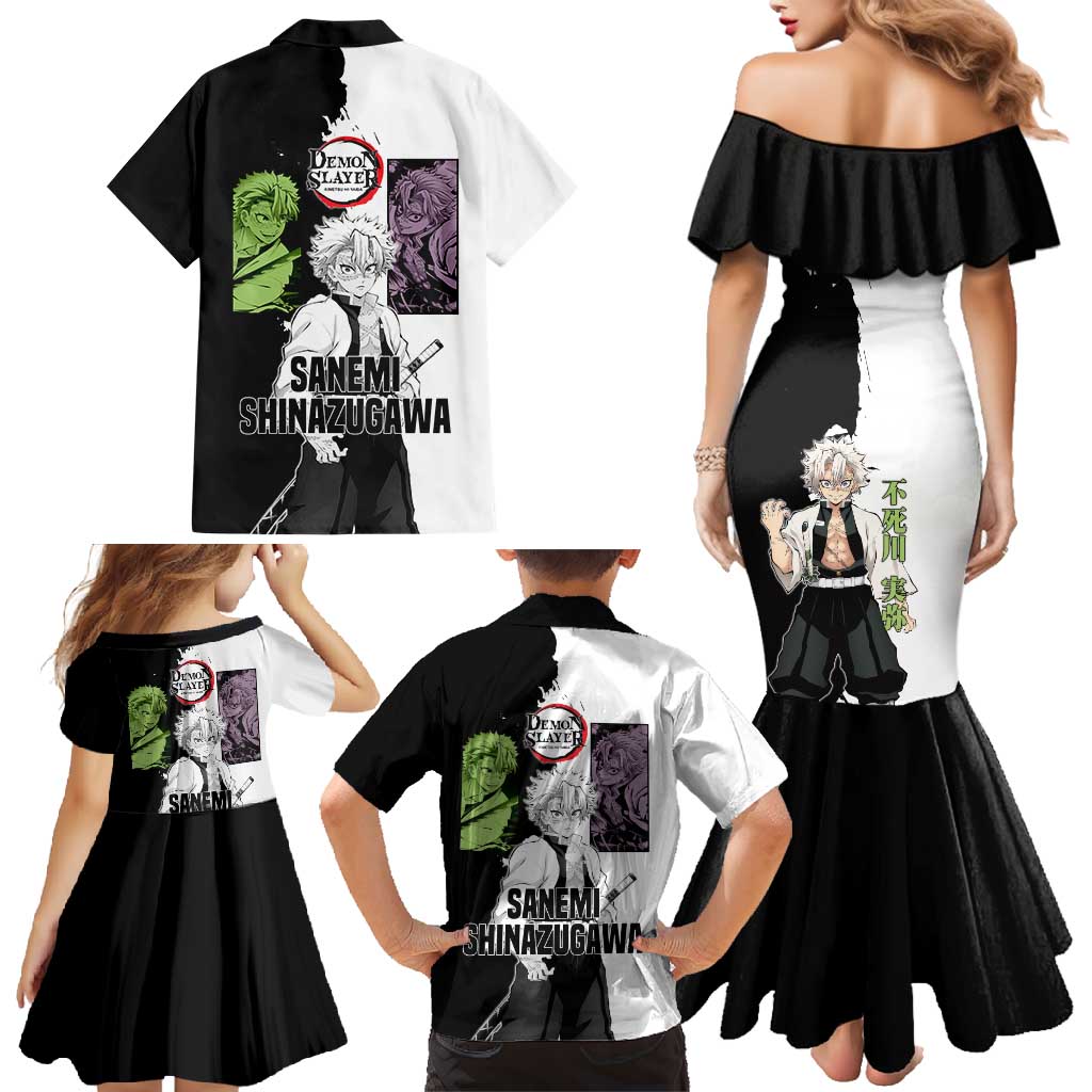 Sanemi Shinazugawa from Demon Slayer Family Matching Mermaid Dress and Hawaiian Shirt with Black and White Split Background and Intense Battle-Ready Manga Style Design - The Mazicc