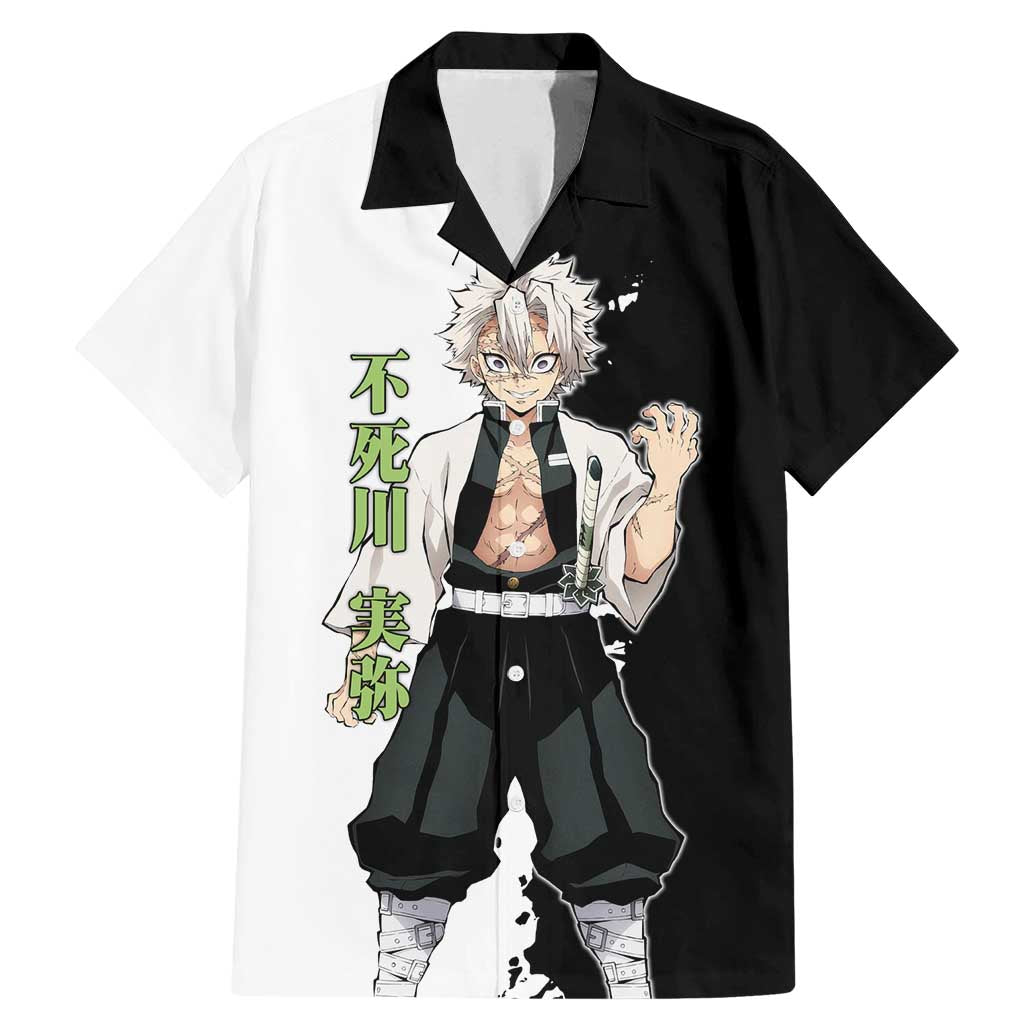 Sanemi Shinazugawa from Demon Slayer Family Matching Mermaid Dress and Hawaiian Shirt with Black and White Split Background and Intense Battle-Ready Manga Style Design - The Mazicc