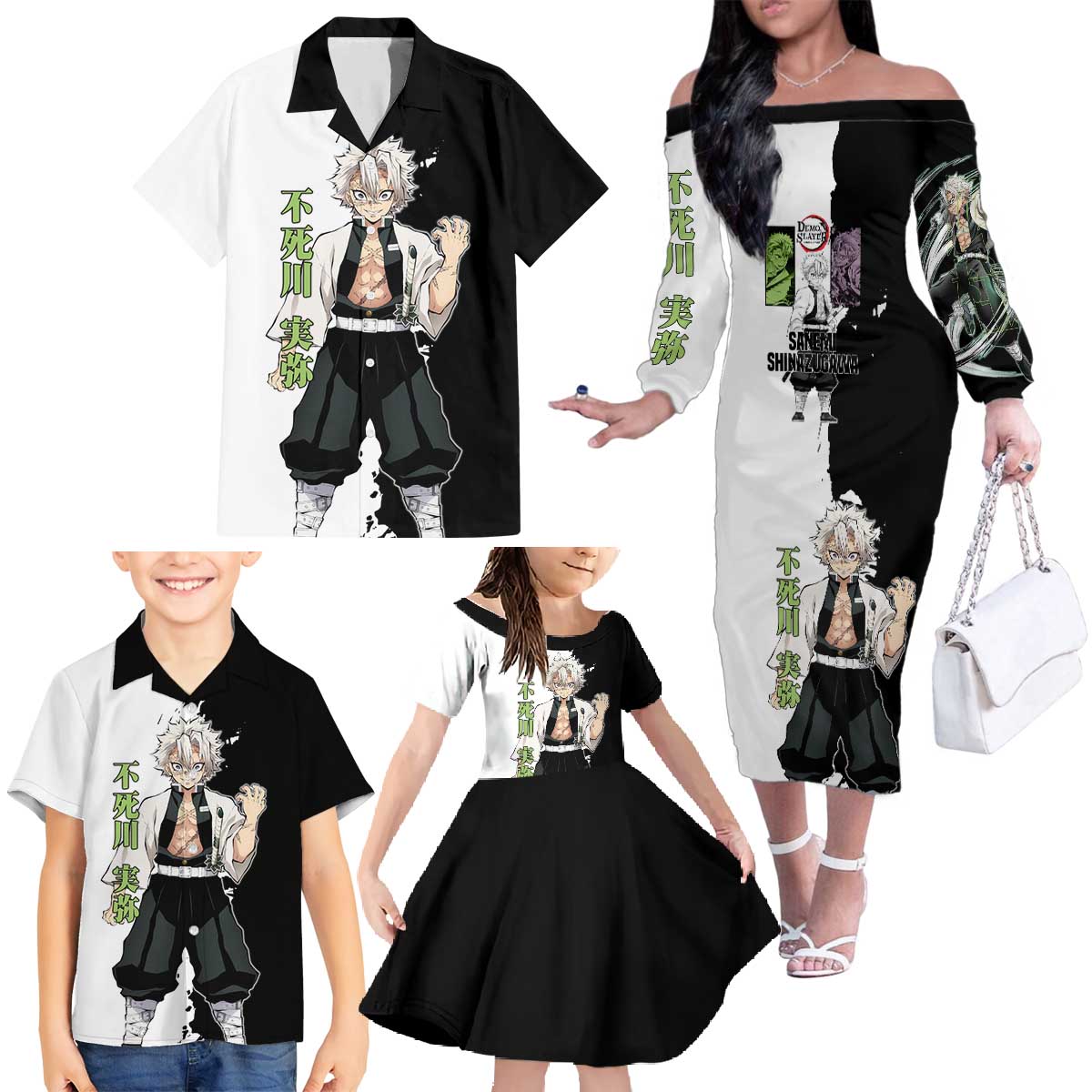 Sanemi Shinazugawa from Demon Slayer Family Matching Off The Shoulder Long Sleeve Dress and Hawaiian Shirt with Black and White Split Background and Intense Battle-Ready Manga Style Design - The Mazicc