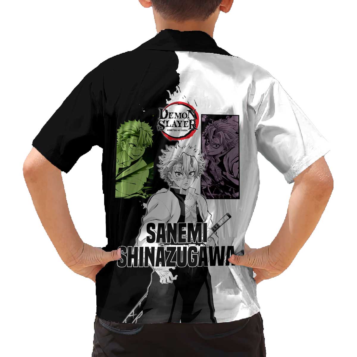 Sanemi Shinazugawa from Demon Slayer Family Matching Off The Shoulder Long Sleeve Dress and Hawaiian Shirt with Black and White Split Background and Intense Battle-Ready Manga Style Design - The Mazicc