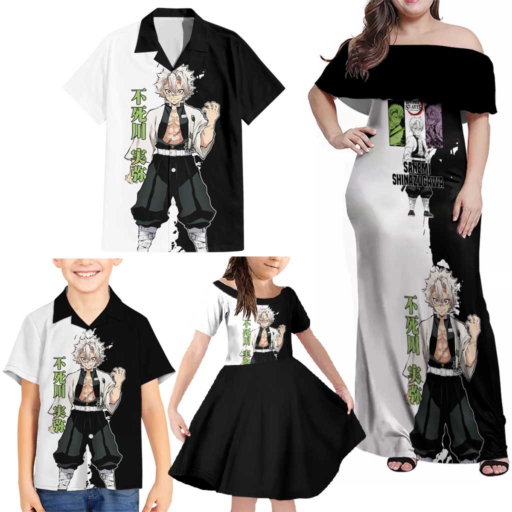 Sanemi Shinazugawa from Demon Slayer Family Matching Off Shoulder Maxi Dress and Hawaiian Shirt with Black and White Split Background and Intense Battle-Ready Manga Style Design - The Mazicc