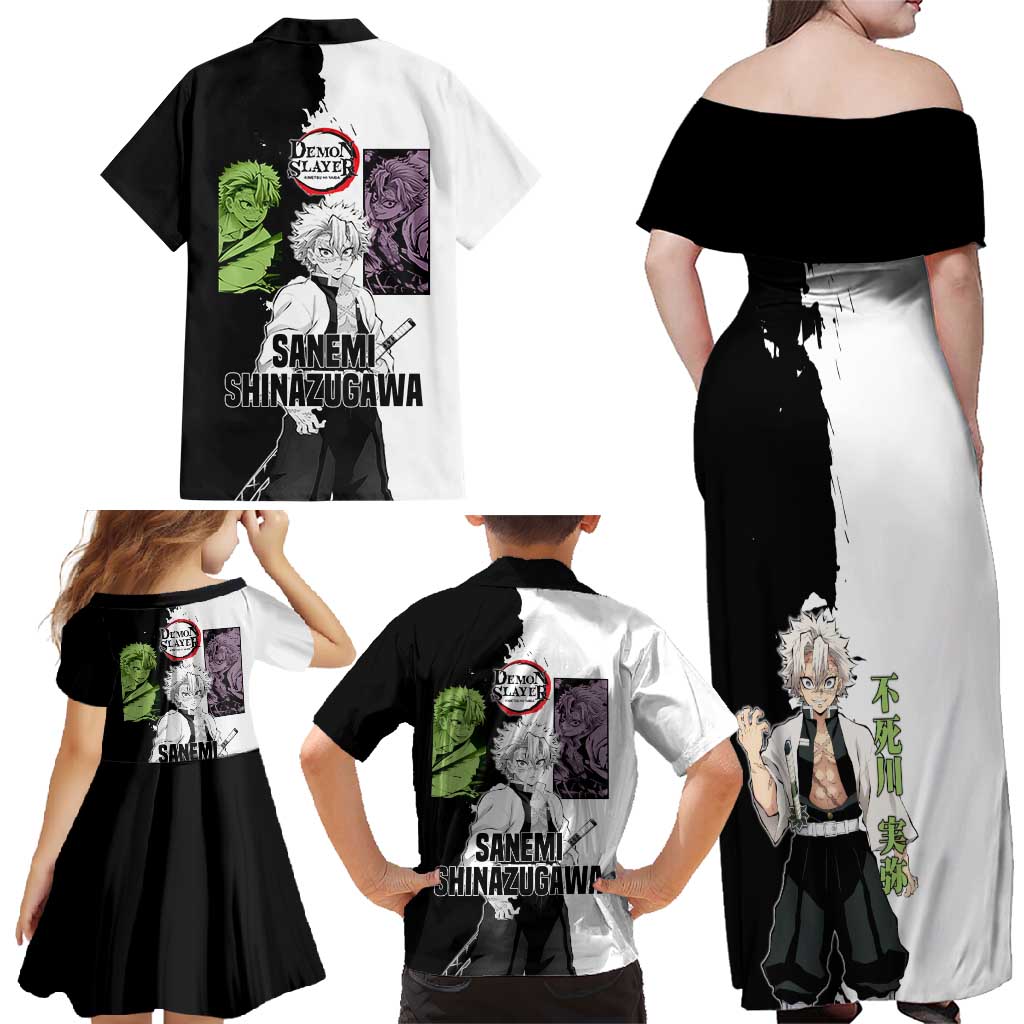 Sanemi Shinazugawa from Demon Slayer Family Matching Off Shoulder Maxi Dress and Hawaiian Shirt with Black and White Split Background and Intense Battle-Ready Manga Style Design - The Mazicc