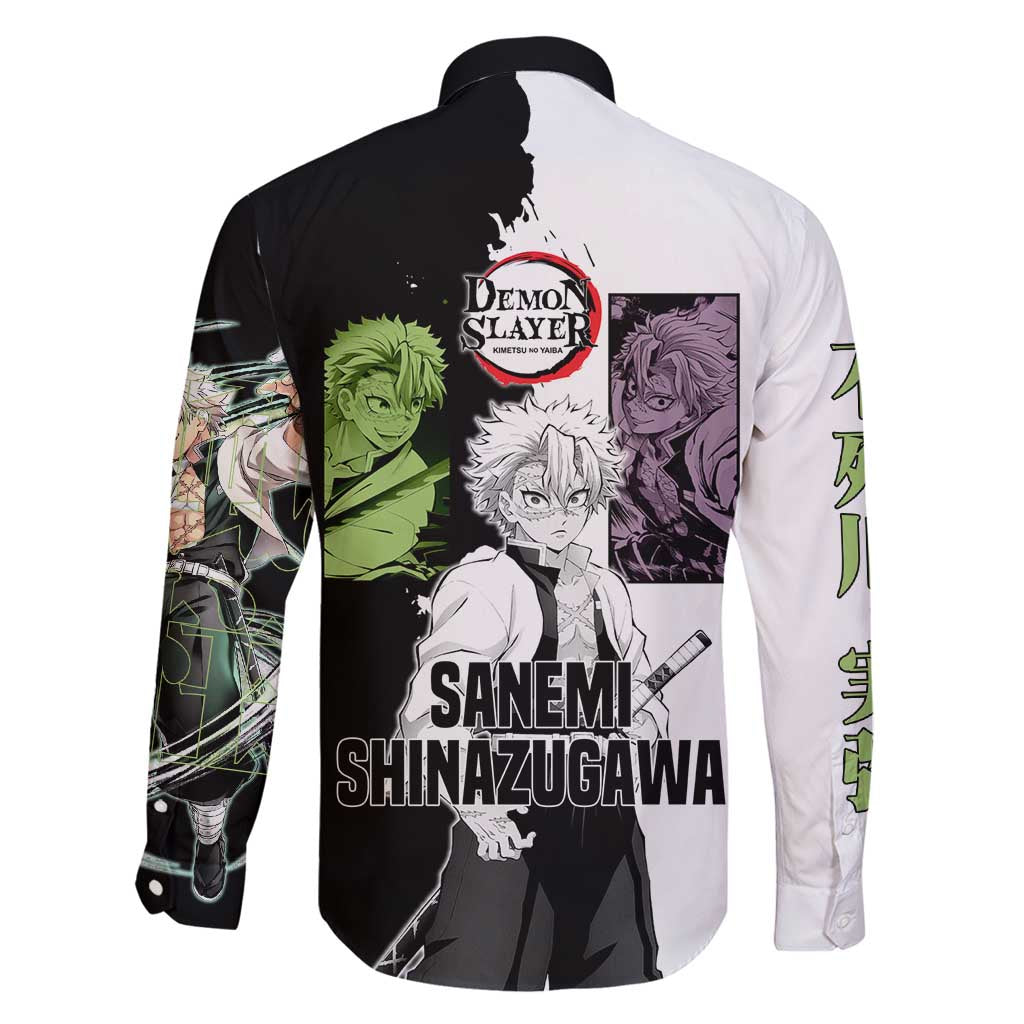Sanemi Shinazugawa from Demon Slayer Family Matching Off Shoulder Maxi Dress and Hawaiian Shirt with Black and White Split Background and Intense Battle-Ready Manga Style Design - The Mazicc