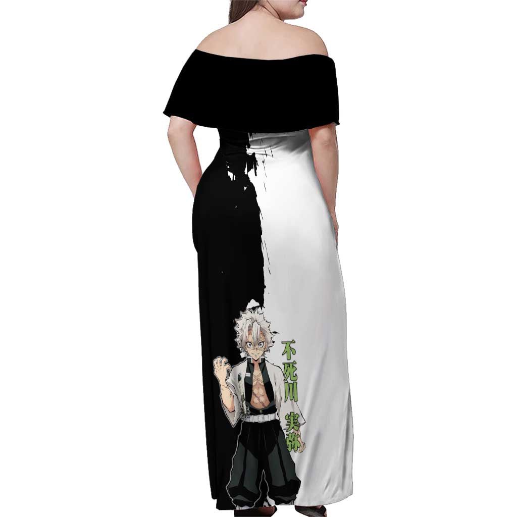Sanemi Shinazugawa from Demon Slayer Family Matching Off Shoulder Maxi Dress and Hawaiian Shirt with Black and White Split Background and Intense Battle-Ready Manga Style Design - The Mazicc