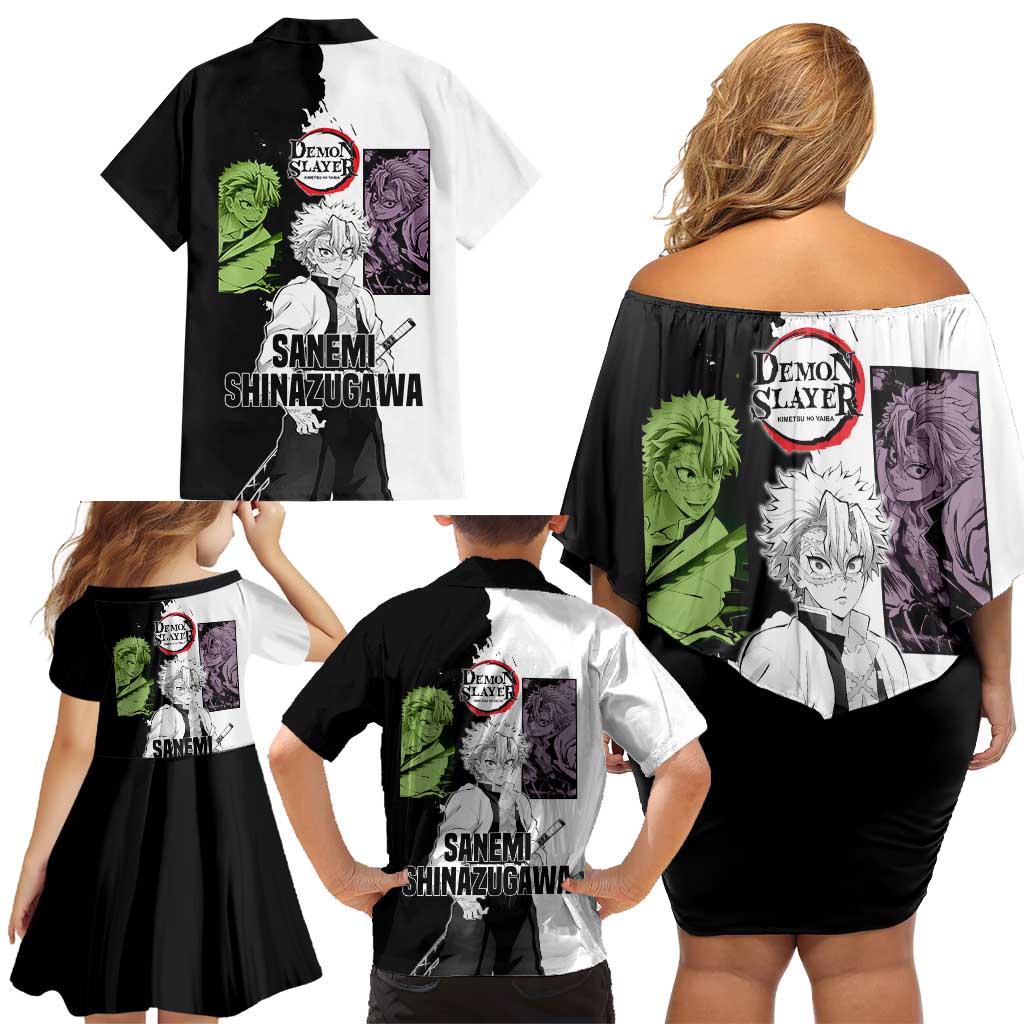 Sanemi Shinazugawa from Demon Slayer Family Matching Off Shoulder Short Dress and Hawaiian Shirt with Black and White Split Background and Intense Battle-Ready Manga Style Design - The Mazicc