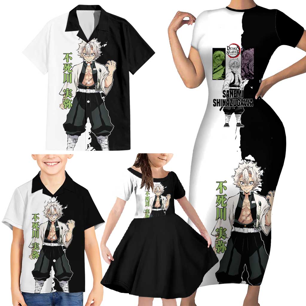 Sanemi Shinazugawa from Demon Slayer Family Matching Short Sleeve Bodycon Dress and Hawaiian Shirt with Black and White Split Background and Intense Battle-Ready Manga Style Design - The Mazicc