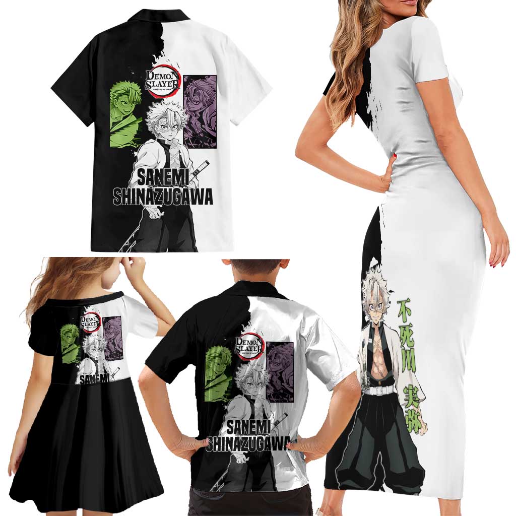Sanemi Shinazugawa from Demon Slayer Family Matching Short Sleeve Bodycon Dress and Hawaiian Shirt with Black and White Split Background and Intense Battle-Ready Manga Style Design - The Mazicc