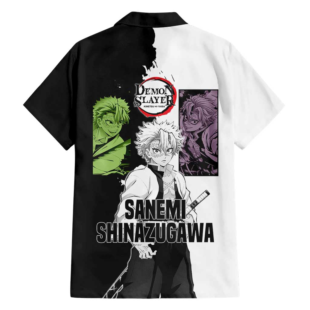 Sanemi Shinazugawa from Demon Slayer Family Matching Short Sleeve Bodycon Dress and Hawaiian Shirt with Black and White Split Background and Intense Battle-Ready Manga Style Design - The Mazicc