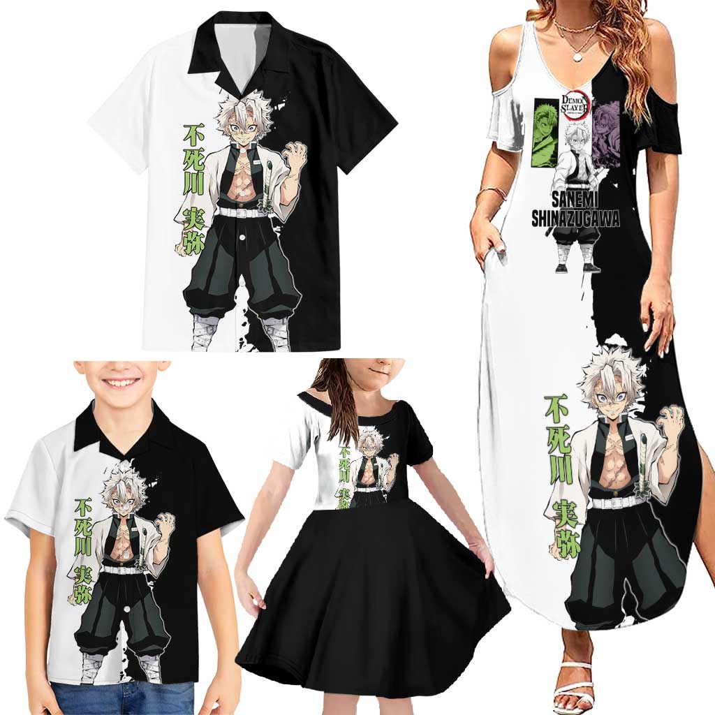 Sanemi Shinazugawa from Demon Slayer Family Matching Summer Maxi Dress and Hawaiian Shirt with Black and White Split Background and Intense Battle-Ready Manga Style Design - The Mazicc