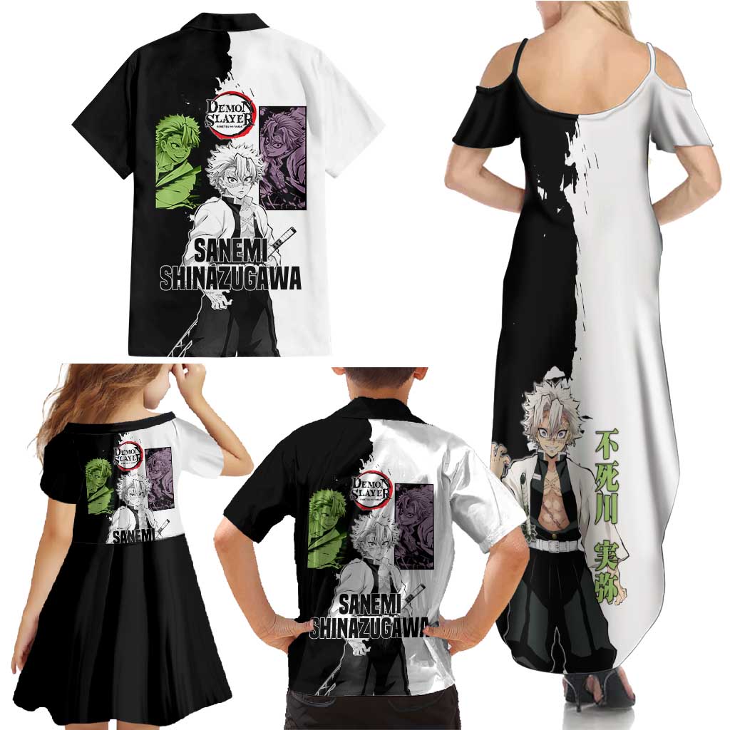 Sanemi Shinazugawa from Demon Slayer Family Matching Summer Maxi Dress and Hawaiian Shirt with Black and White Split Background and Intense Battle-Ready Manga Style Design - The Mazicc