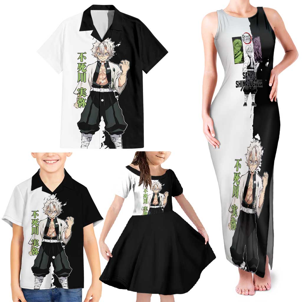 Sanemi Shinazugawa from Demon Slayer Family Matching Tank Maxi Dress and Hawaiian Shirt with Black and White Split Background and Intense Battle-Ready Manga Style Design - The Mazicc