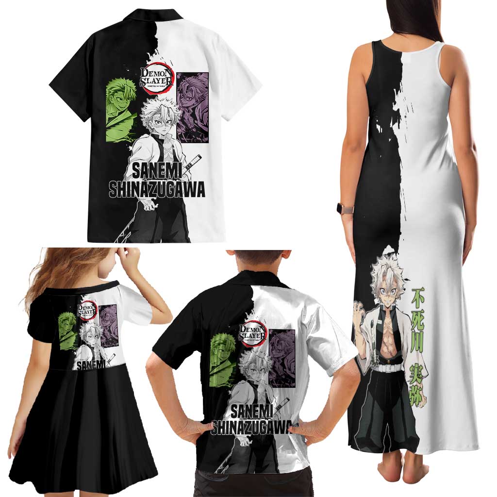 Sanemi Shinazugawa from Demon Slayer Family Matching Tank Maxi Dress and Hawaiian Shirt with Black and White Split Background and Intense Battle-Ready Manga Style Design - The Mazicc