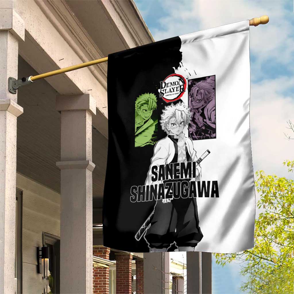 Sanemi Shinazugawa from Demon Slayer Garden Flag with Black and White Split Background and Intense Battle-Ready Manga Style Design - The Mazicc