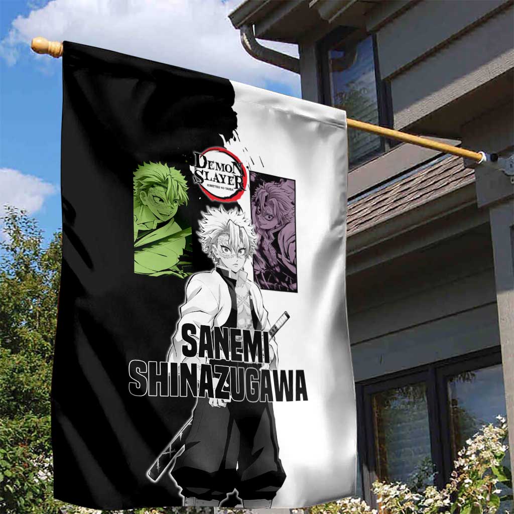 Sanemi Shinazugawa from Demon Slayer Garden Flag with Black and White Split Background and Intense Battle-Ready Manga Style Design - The Mazicc