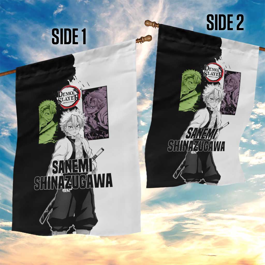 Sanemi Shinazugawa from Demon Slayer Garden Flag with Black and White Split Background and Intense Battle-Ready Manga Style Design - The Mazicc