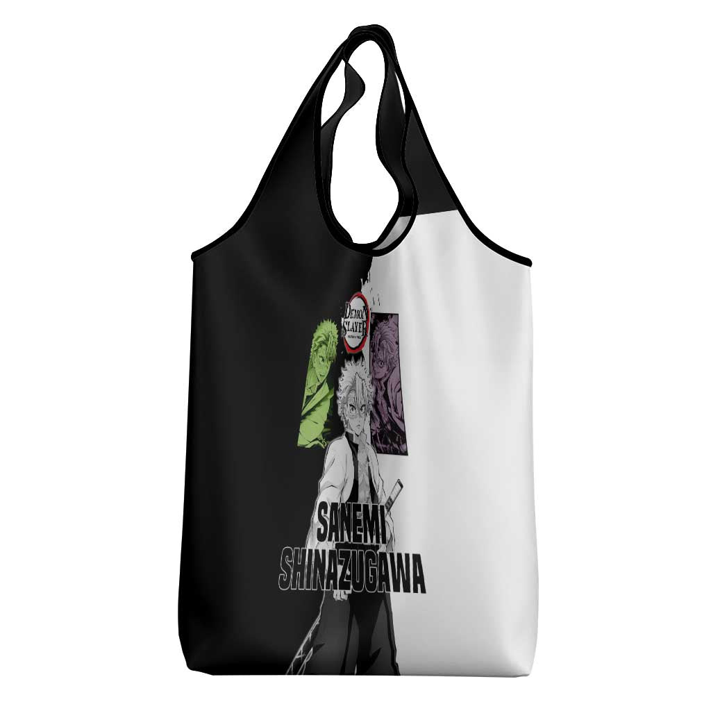 Sanemi Shinazugawa from Demon Slayer Grocery Bag with Black and White Split Background and Intense Battle-Ready Manga Style Design - The Mazicc