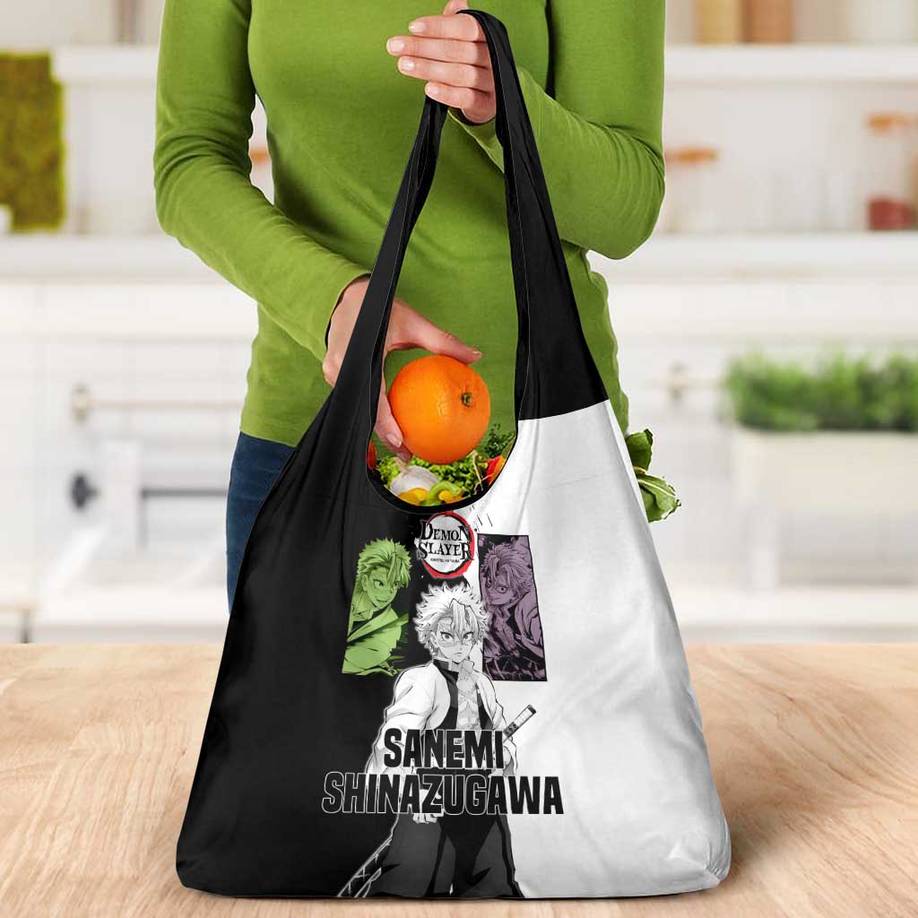 Sanemi Shinazugawa from Demon Slayer Grocery Bag with Black and White Split Background and Intense Battle-Ready Manga Style Design - The Mazicc