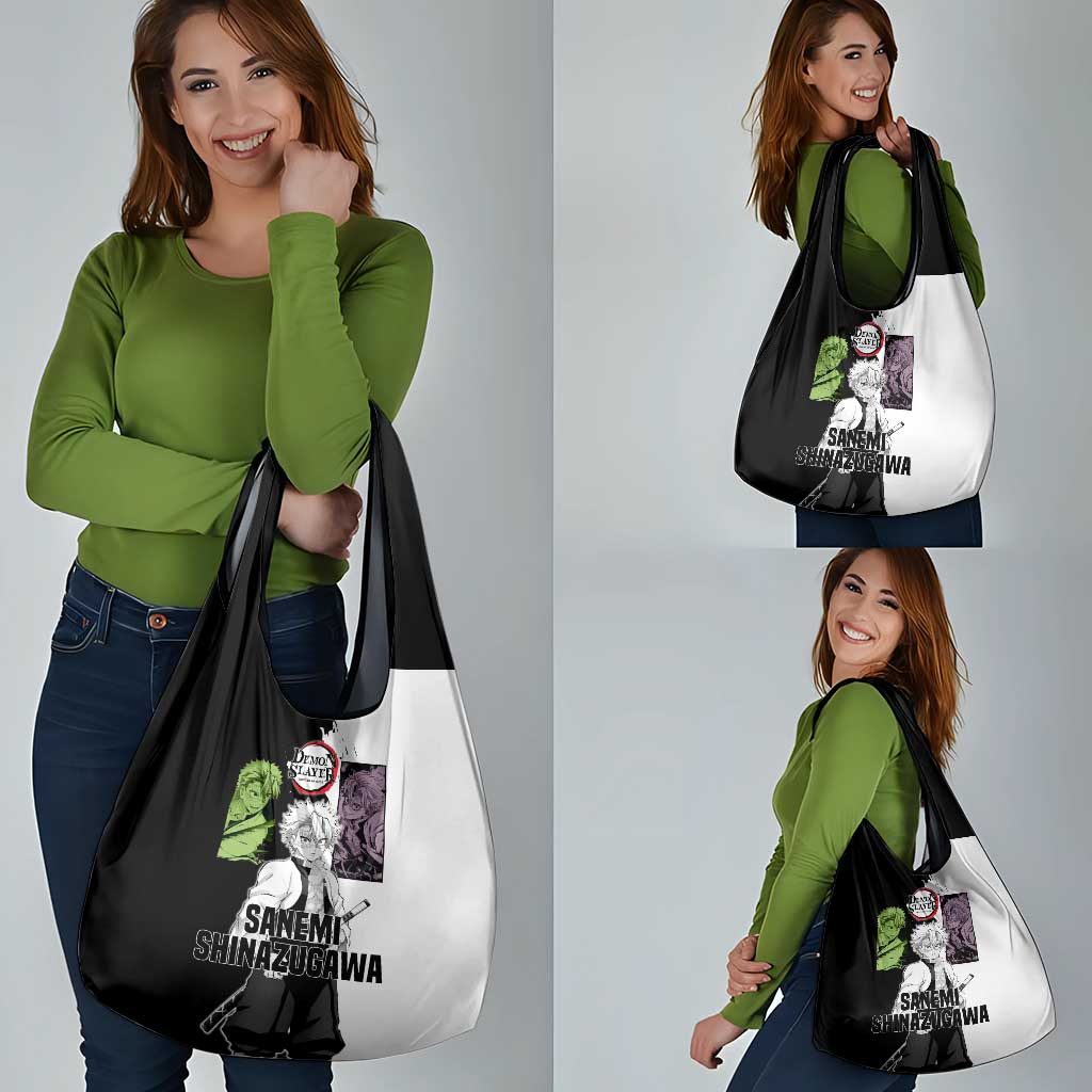 Sanemi Shinazugawa from Demon Slayer Grocery Bag with Black and White Split Background and Intense Battle-Ready Manga Style Design - The Mazicc