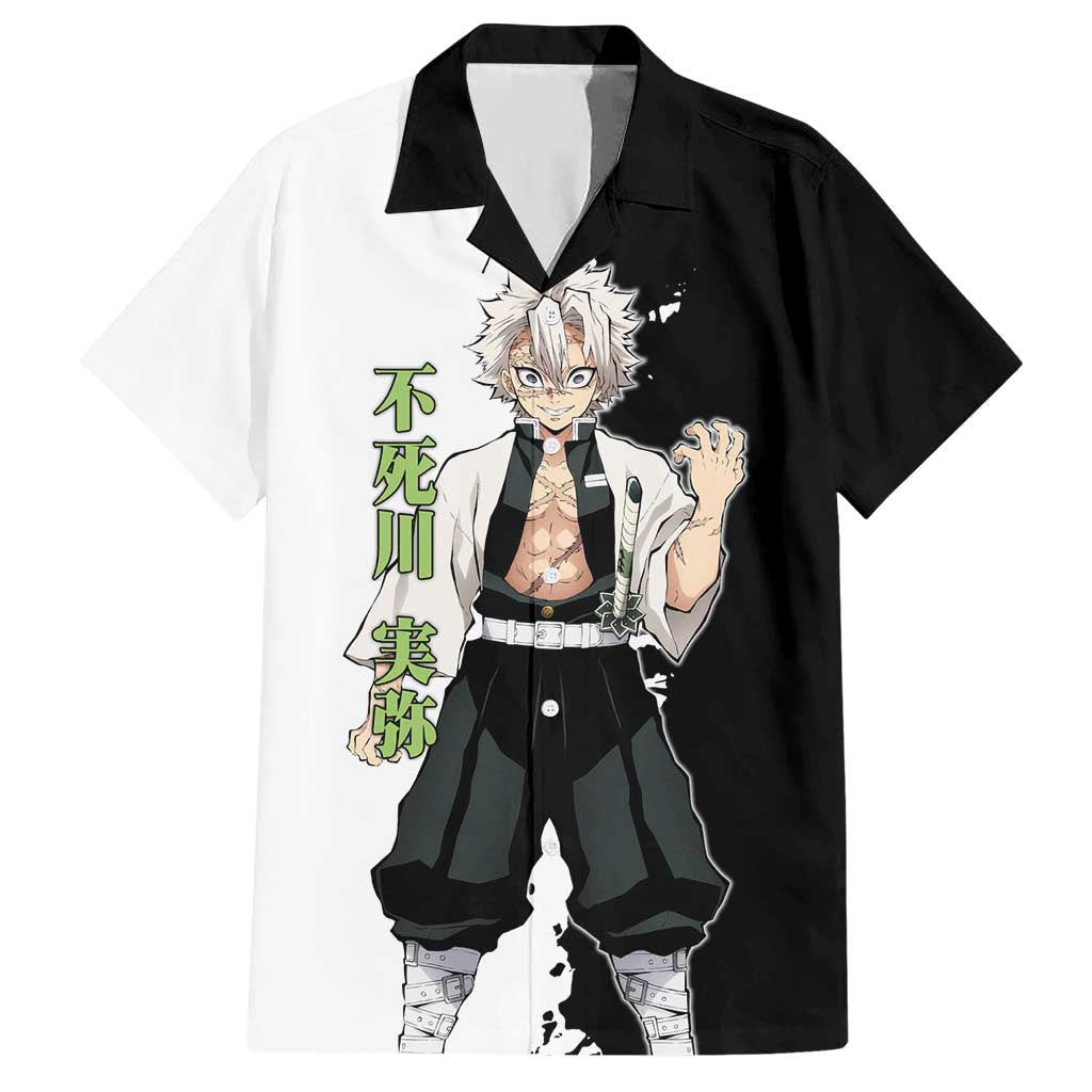 Sanemi Shinazugawa from Demon Slayer Hawaiian Shirt with Black and White Split Background and Intense Battle-Ready Manga Style Design - The Mazicc