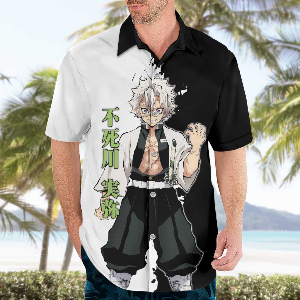 Sanemi Shinazugawa from Demon Slayer Hawaiian Shirt with Black and White Split Background and Intense Battle-Ready Manga Style Design - The Mazicc