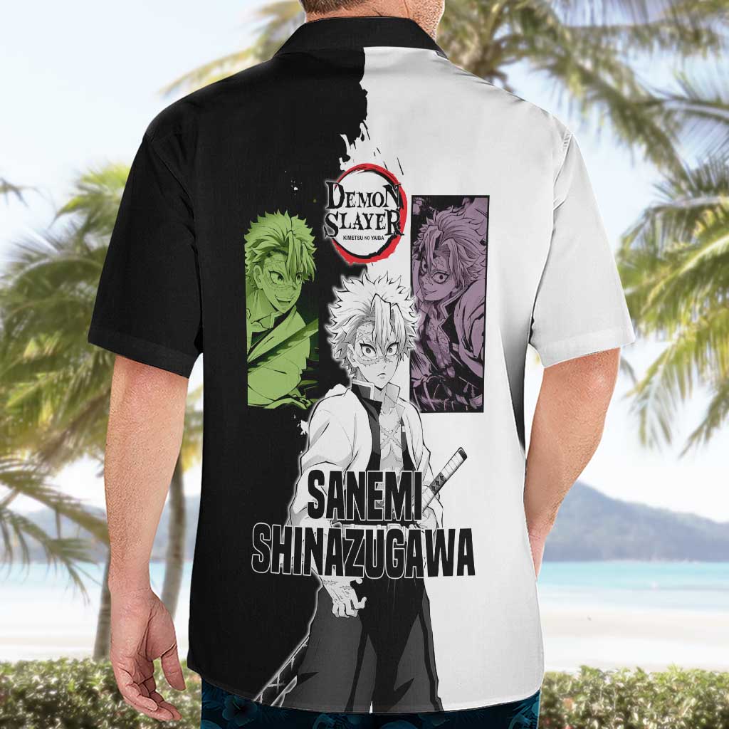 Sanemi Shinazugawa from Demon Slayer Hawaiian Shirt with Black and White Split Background and Intense Battle-Ready Manga Style Design - The Mazicc