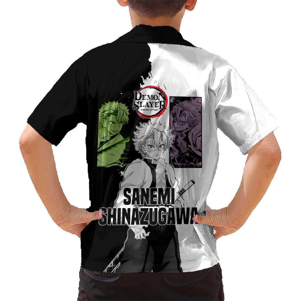 Sanemi Shinazugawa from Demon Slayer Hawaiian Shirt with Black and White Split Background and Intense Battle-Ready Manga Style Design - The Mazicc