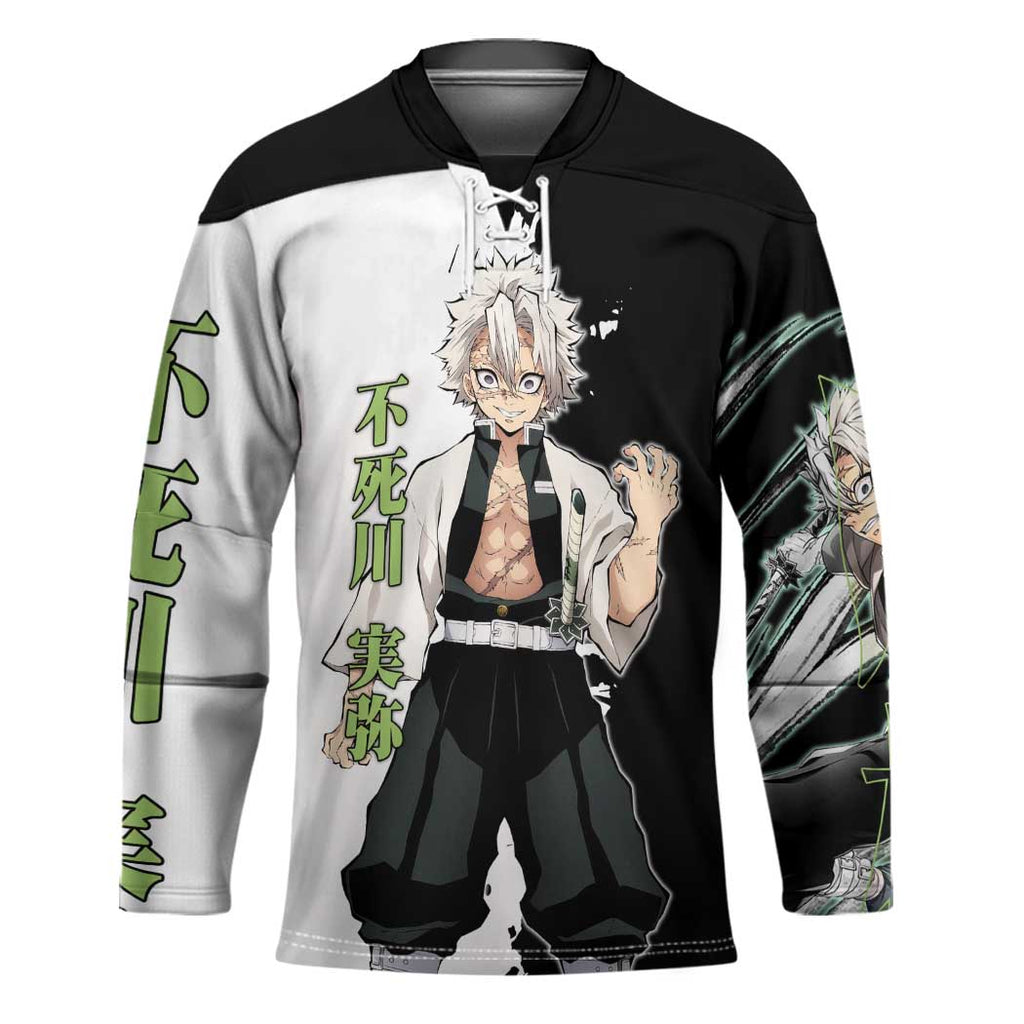 Sanemi Shinazugawa from Demon Slayer Hockey Jersey with Black and White Split Background and Intense Battle-Ready Manga Style Design - The Mazicc