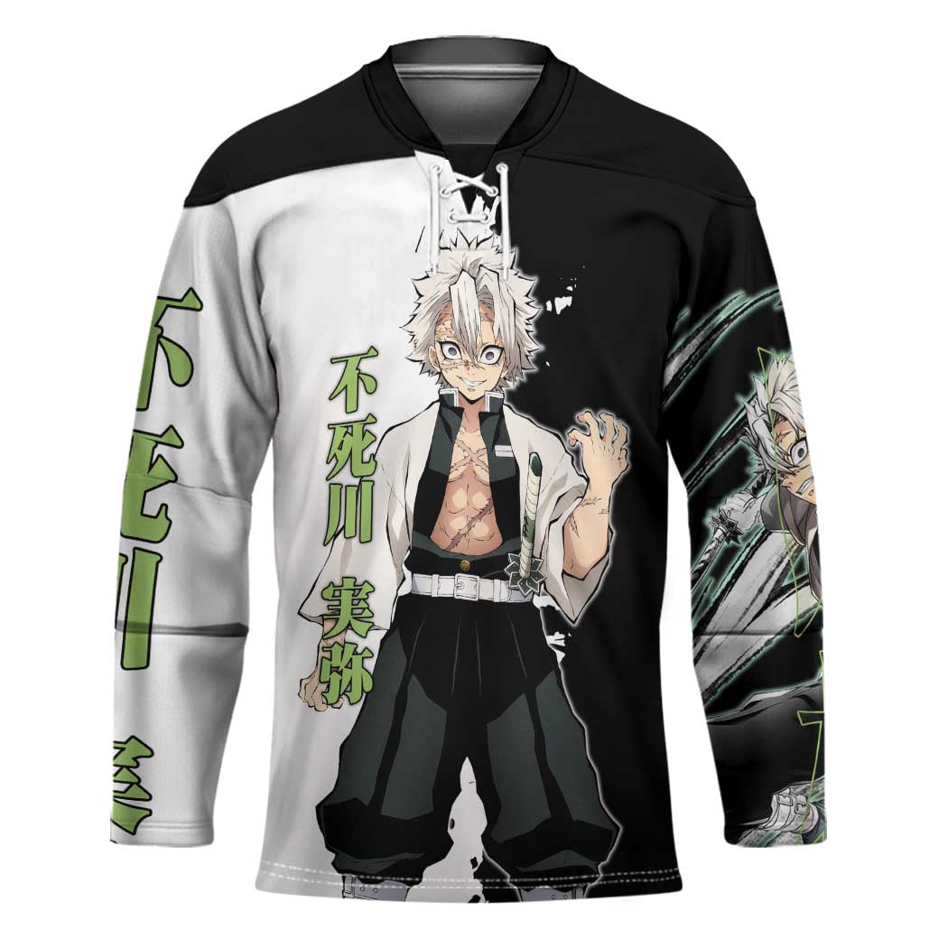 Sanemi Shinazugawa from Demon Slayer Hockey Jersey with Black and White Split Background and Intense Battle-Ready Manga Style Design - The Mazicc