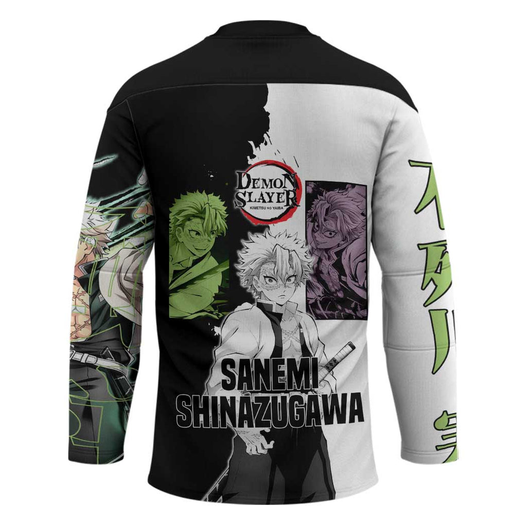 Sanemi Shinazugawa from Demon Slayer Hockey Jersey with Black and White Split Background and Intense Battle-Ready Manga Style Design - The Mazicc
