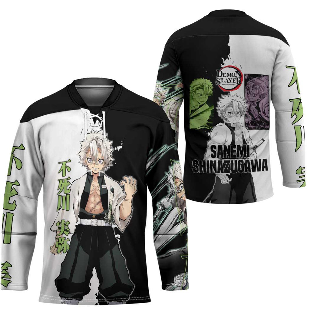 Sanemi Shinazugawa from Demon Slayer Hockey Jersey with Black and White Split Background and Intense Battle-Ready Manga Style Design - The Mazicc