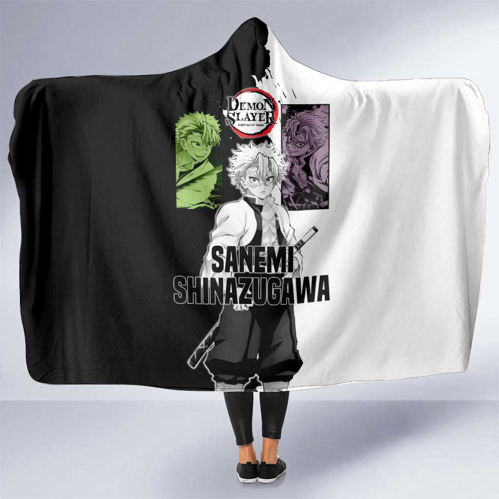 Sanemi Shinazugawa from Demon Slayer Hooded Blanket with Black and White Split Background and Intense Battle-Ready Manga Style Design - The Mazicc