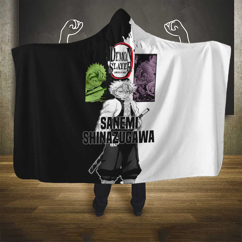 Sanemi Shinazugawa from Demon Slayer Hooded Blanket with Black and White Split Background and Intense Battle-Ready Manga Style Design - The Mazicc