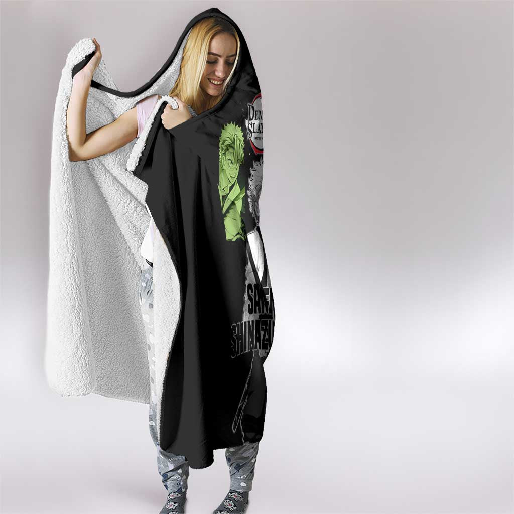 Sanemi Shinazugawa from Demon Slayer Hooded Blanket with Black and White Split Background and Intense Battle-Ready Manga Style Design - The Mazicc