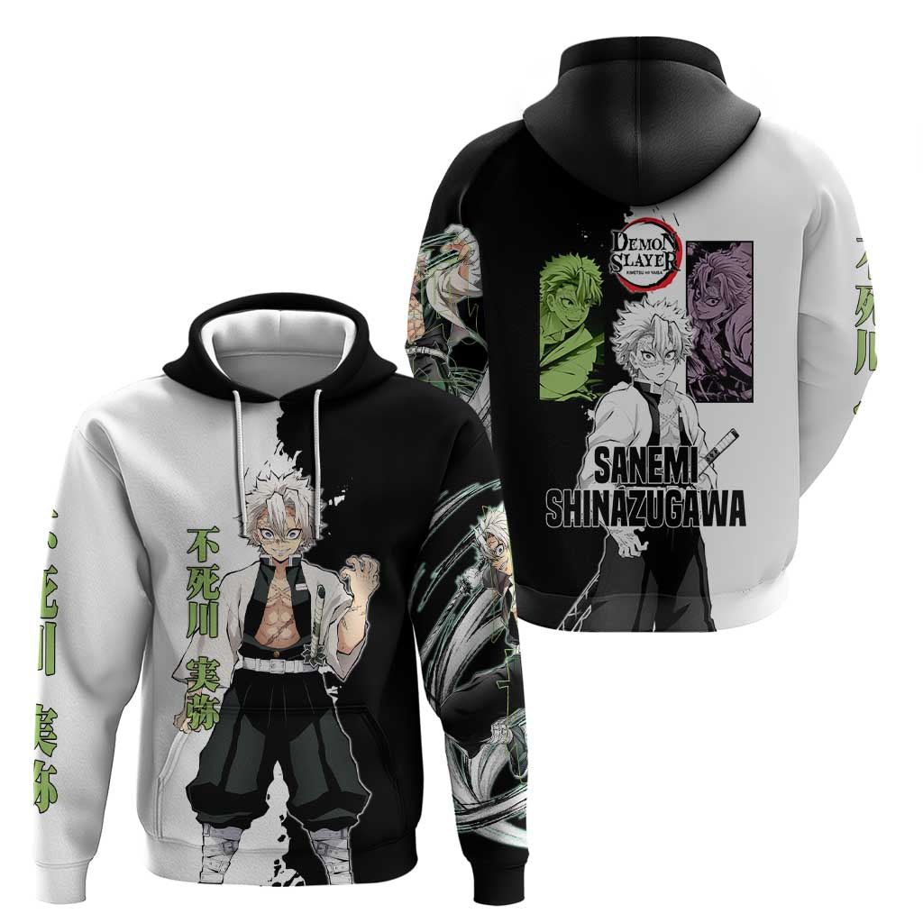 Sanemi Shinazugawa from Demon Slayer Hoodie with Black and White Split Background and Intense Battle-Ready Manga Style Design - The Mazicc