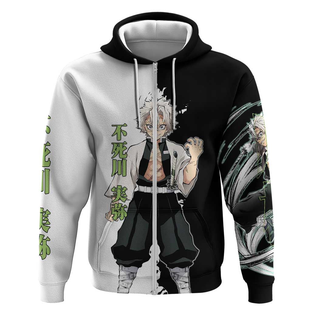 Sanemi Shinazugawa from Demon Slayer Hoodie with Black and White Split Background and Intense Battle-Ready Manga Style Design - The Mazicc