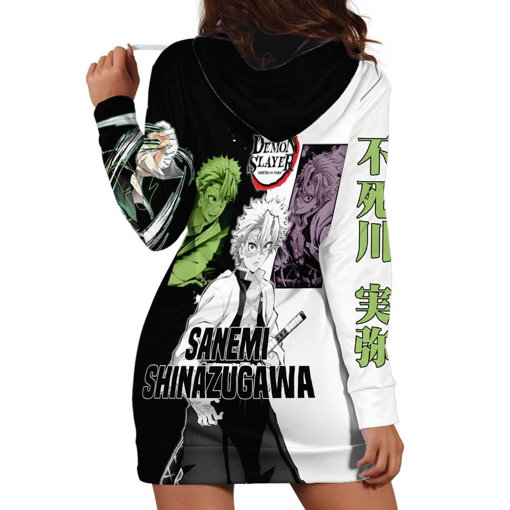 Sanemi Shinazugawa from Demon Slayer Hoodie Dress with Black and White Split Background and Intense Battle-Ready Manga Style Design - The Mazicc