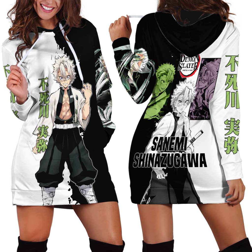 Sanemi Shinazugawa from Demon Slayer Hoodie Dress with Black and White Split Background and Intense Battle-Ready Manga Style Design - The Mazicc